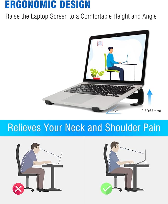KYQEE Laptop Stand for Desk, Ergonomic Aluminum Laptop Riser, Ventilated Notebook Stand Compatible with MacBook Air Pro, Dell XPS, HP, More 11-17.3 Inches, Work from Home (Black)