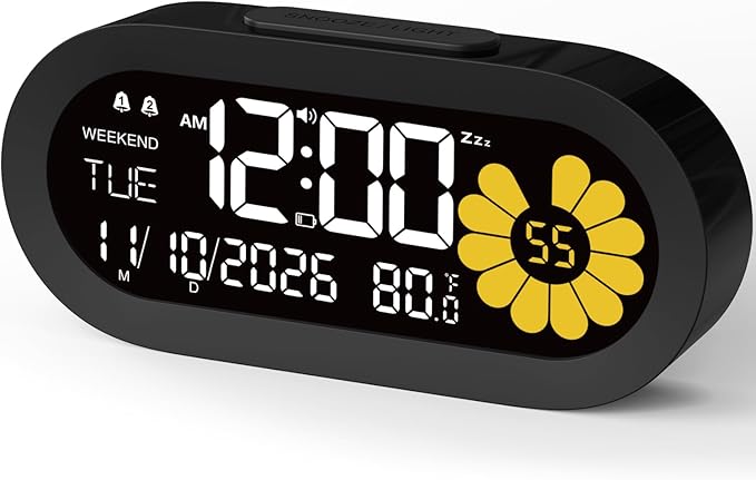 DOOMAY Digital Alarm Clock for Bedroom: Dual Alarm Bedside Clock VA LCD Display with Seconds, 9-Minute Snooze and Weekend Mode, 3 Brightness, 4 Alarms and 3 Volume Levels，Type C & Battery Included