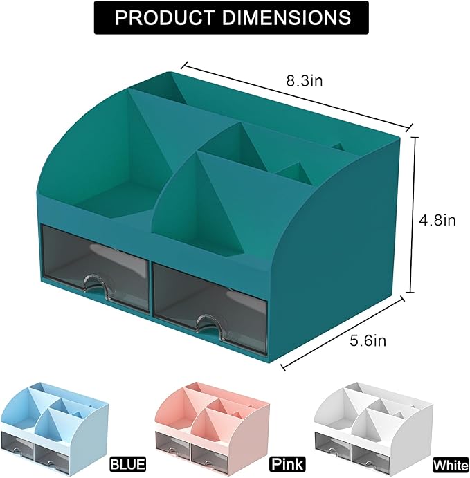 Desk Organizer with 6 Compartments and 2 Drawers, Plastic Makeup Organizer, Pen Holder for Desktop Storage, Desk Organization for School, Home, Office Supplies (Dark Green)