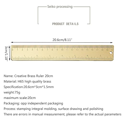 Brass Ruler Straight Ruler Measuring Tool for Student School Office(20cm 7.9inch) Students Stationery