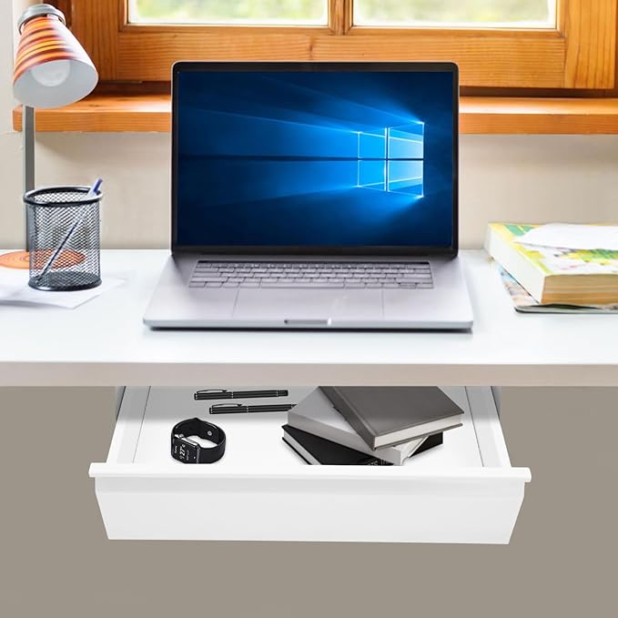 16" Under Desk Drawer Slide Out For Office Desk, Storage Organizer For Sit Stand Workstation, White