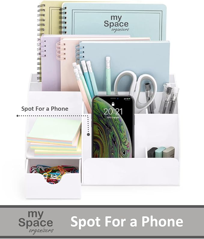 White Desktop Organizer - 9 Compartment Office Desk Accessories Organizer - Pen Holder
