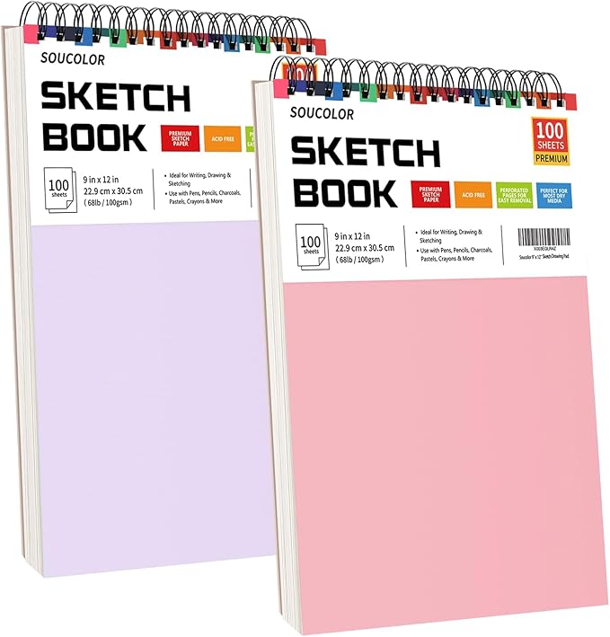 Soucolor 9"x12" Sketch Book 2-Pack: Bithday Art Supplies, Creative Gift Set for Birthdays, Art Projects, and All-Season Crafting