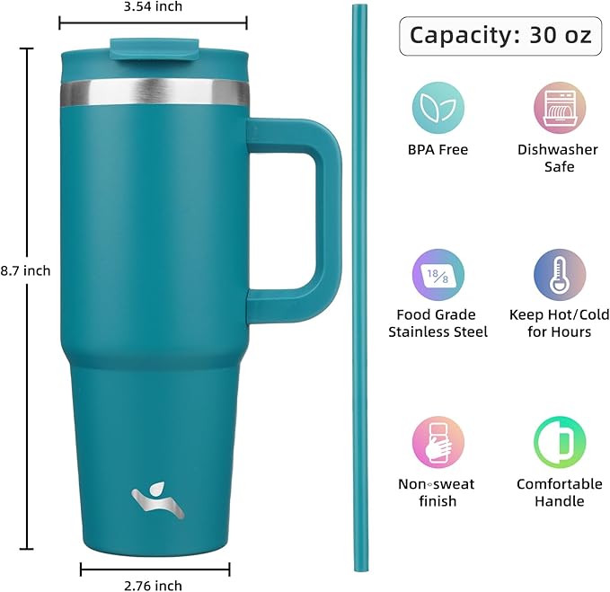 30 oz Tumbler with Handle and 2 Straws,2 in 1 Lid Insulated Water Bottle Stainless Steel Travel Coffee Mug,Blue