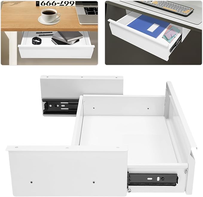 16" Under Desk Drawer Slide Out For Office Desk, Storage Organizer For Sit Stand Workstation, White