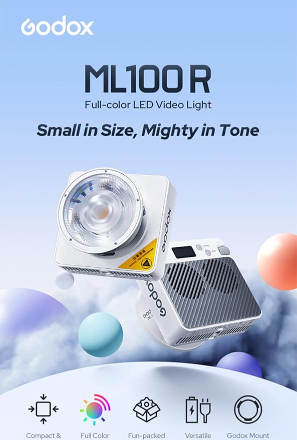 Godox ML100R 110W RGB LED Video Light, with Interchangeable 15° Reflector/1800-10000K CCT/14 Cinematic FX Effects/Multiple Power Options/Supports App Control,for Filming/Live Streaming etc.