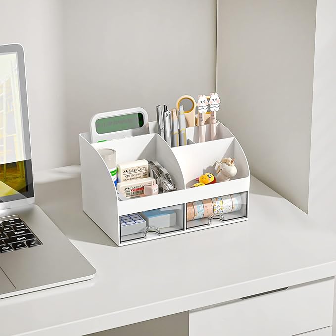 Desk Organizer with 6 Compartments and 2 Drawers, Plastic Makeup Organizer, Pen Holder for Desktop Storage, Desk Organization for School, Home, Office Supplies (White-2Pack)