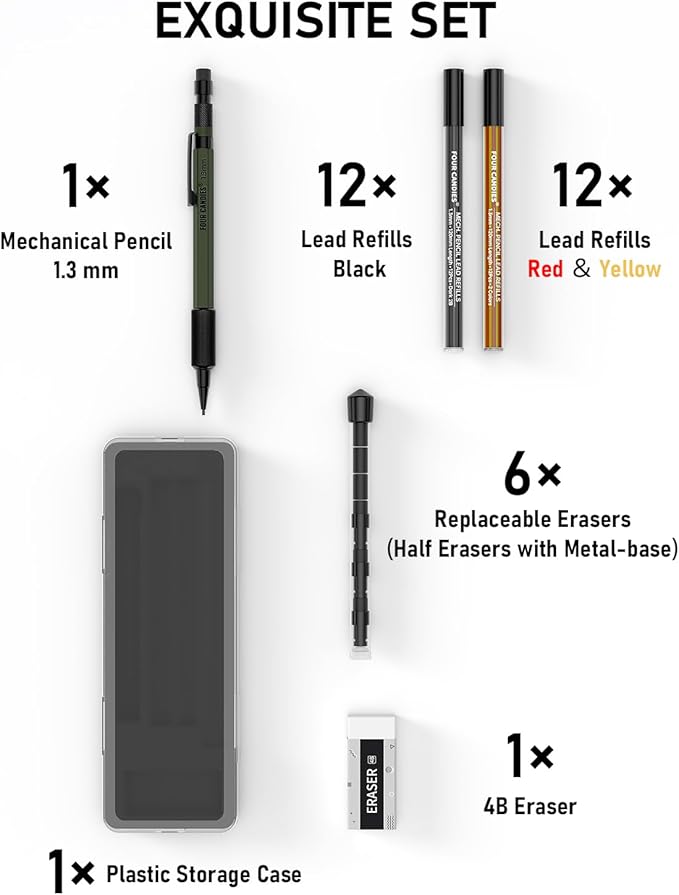Four Candies 1.3mm Mechanical Pencil Set with 24 Lead Refills, Metal Weatherproof Heavy Duty Outdoor Carpenter Pencil, Eraser, 6 Eraser Refills for Architect Drafting Woodworking Marking with Case