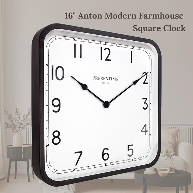 Presentime & Co. 16" Anton Modern Farmhouse Square Clock, Silent No Ticking, Wall Art and Timepiece for Home Decoration/Wall Décor, Oil Rubbed Bronze Color