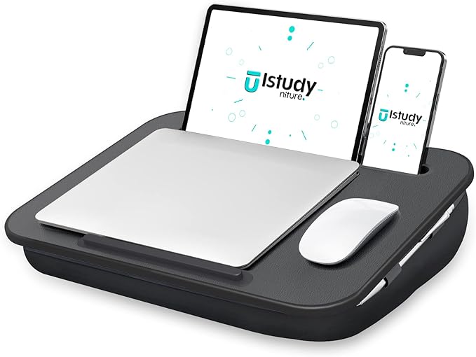 Istudyniture Lap Desk | Portable Laptop Desk & Stand – Fits Up to 15.6 inch – Washable Cushion, Built-in Phone Holder – for Bed, Couch, Sofa, Floor – Writing, Reading, Home Office – Small, Black