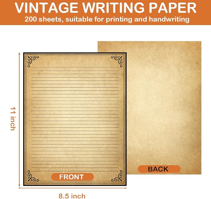 Vintage Lined Paper with Antique Border Design, 200 Sheets, Stationary Paper for Writing Letters, 100gsm, 11 x 8.5'', Aged Stationery for Writing Letters, Invitations, Stationery Writing Papers