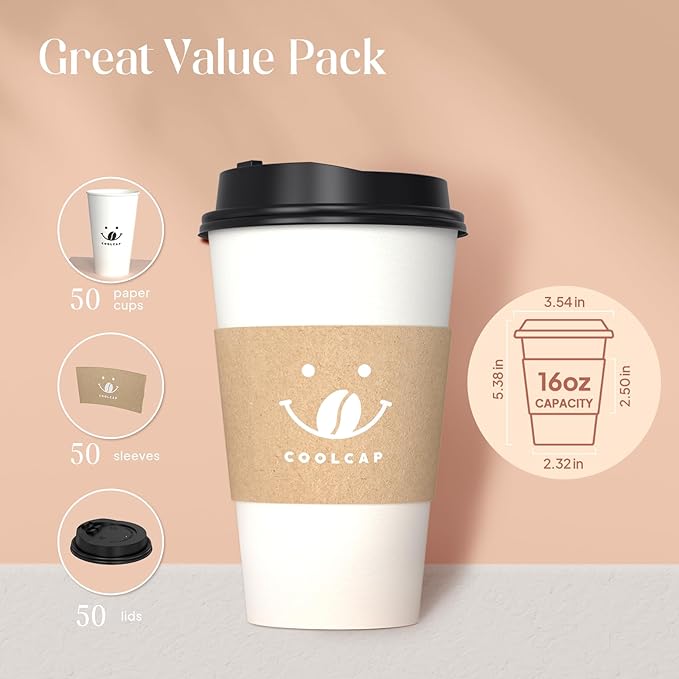 Coolcap Coffee Cups with Lids and Sleeves, 16 oz 50 pack To Go Cups with Lids, Paper Hot Coffee Cups for Hot & Cold Beverage (White, 16 oz)