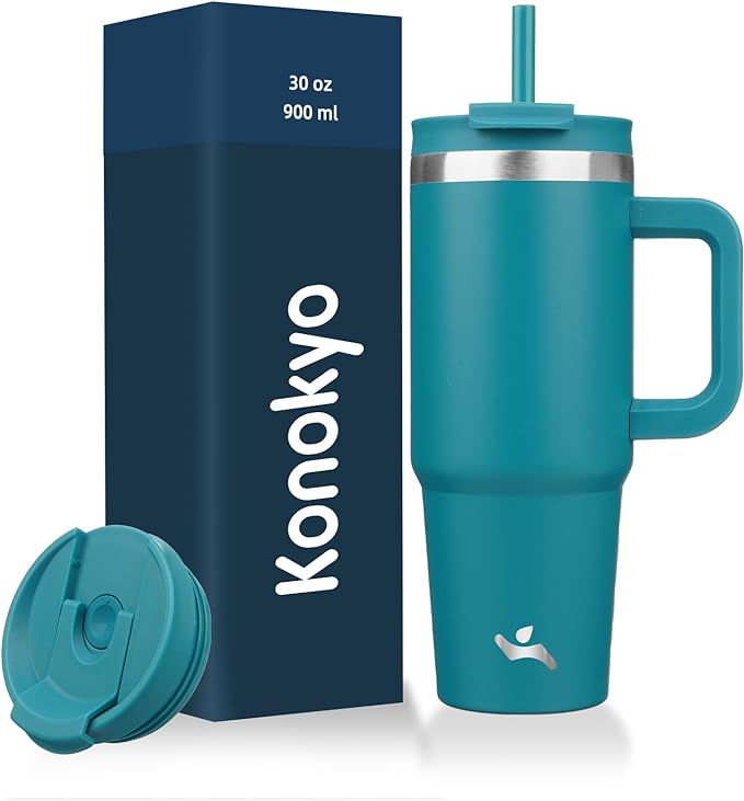 30 oz Tumbler with Handle and 2 Straws,2 in 1 Lid Insulated Water Bottle Stainless Steel Travel Coffee Mug,Blue