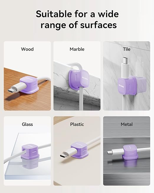 6 Pack Cable Management Cord Organizer, Magnetic Cable Clips-1s Lock, Rocoren Desk Adhesive Cord Cable Clip Wire Holder Keeper for Phone Charger Wire, Nightstand, Car, Office, Desktop Accessory,Purple
