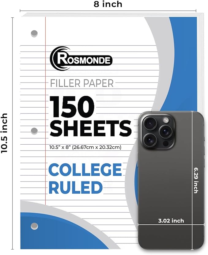 Rosmonde 576 Pack (Pallet) Loose Leaf Paper Bulk, 86400 Sheets, College Ruled, 150 Sheets/Pack, 8 x 10.5", Pallet of Filler Paper, 3 Hole Punched, 56 Gsm Thick Paper, School & Office, 4-7 Days Transit