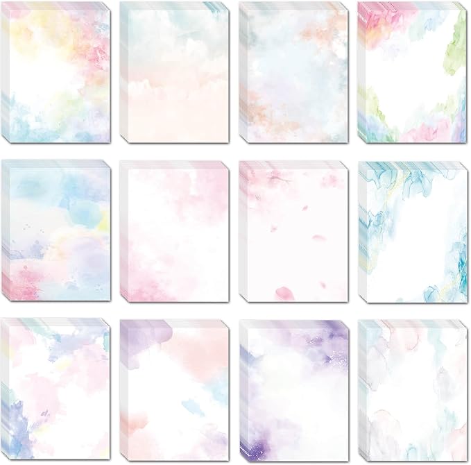 DUGUTUL Watercolor Stationary Paper, 100 gsm Printer Paper 8.5 x 11, 12 designs, Double-Sided, Colored Paper for Writing Letters and Invitations, Writing Paper for Business or Personal Use (96)
