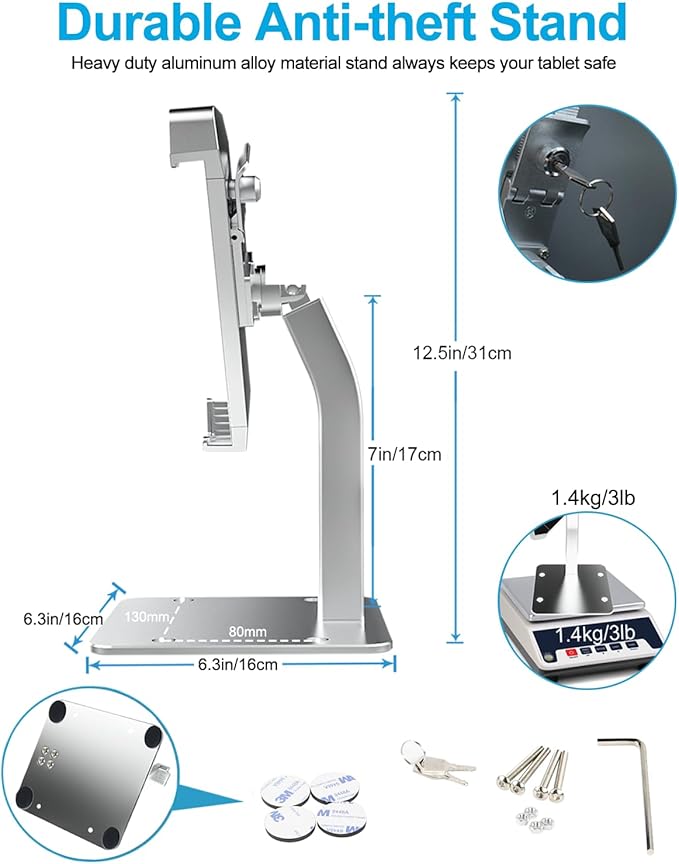 woleyi Anti-Theft Desktop Tablet Kiosk Stand Holder, Heavy Duty Countertop Tablet POS Display Mount with Security Lock and Key, Compatible with iPad Pro/Air/Mini, Galaxy Tabs, More 7-11" Tablets
