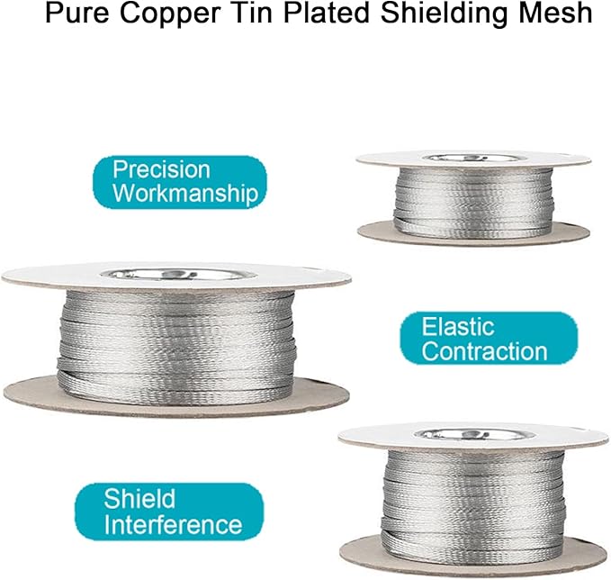 EMI RFI Shielding Wire Loom Metal Tinned Copper Grounding Braided Sheathing Cable Sleeve Mesh ESD Protection Flat Tubular Expandable (1/2" W(0.32" ID)-30FT)