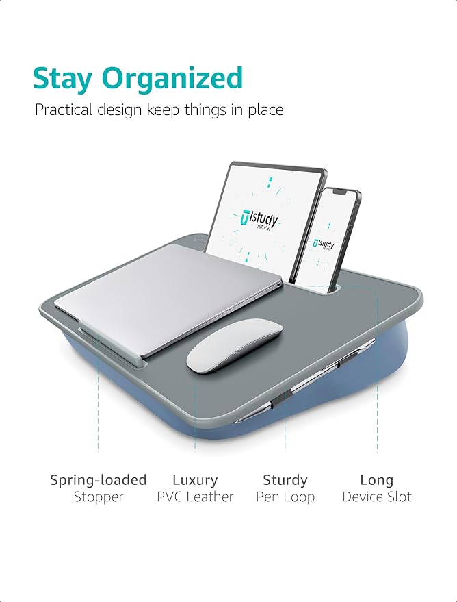 Istudyniture Lap Desk | Portable Laptop Desk & Stand – Fits Up to 17 inch – Washable Cushion, Built-in Phone Holder – for Bed, Couch, Sofa, Floor – Writing, Reading, Home Office – Large, Grayish Blue