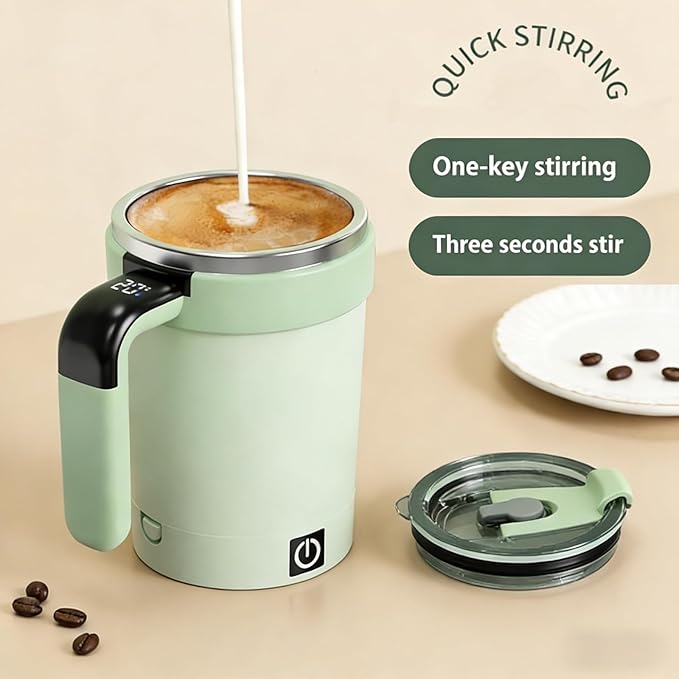 Self Stirring Coffee Mug with Lid,304 Stainless Steel Self Stirring Cup,Rechargeable Coffee Mug with Temperature Display,Suitable for Home and Office (Green)