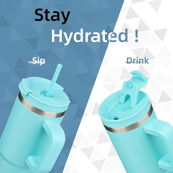 40 oz Tumbler with Handle and 2 Straws,2 in 1 Lid Insulated Water Bottle Stainless Steel Travel Coffee Mug,Turquoise