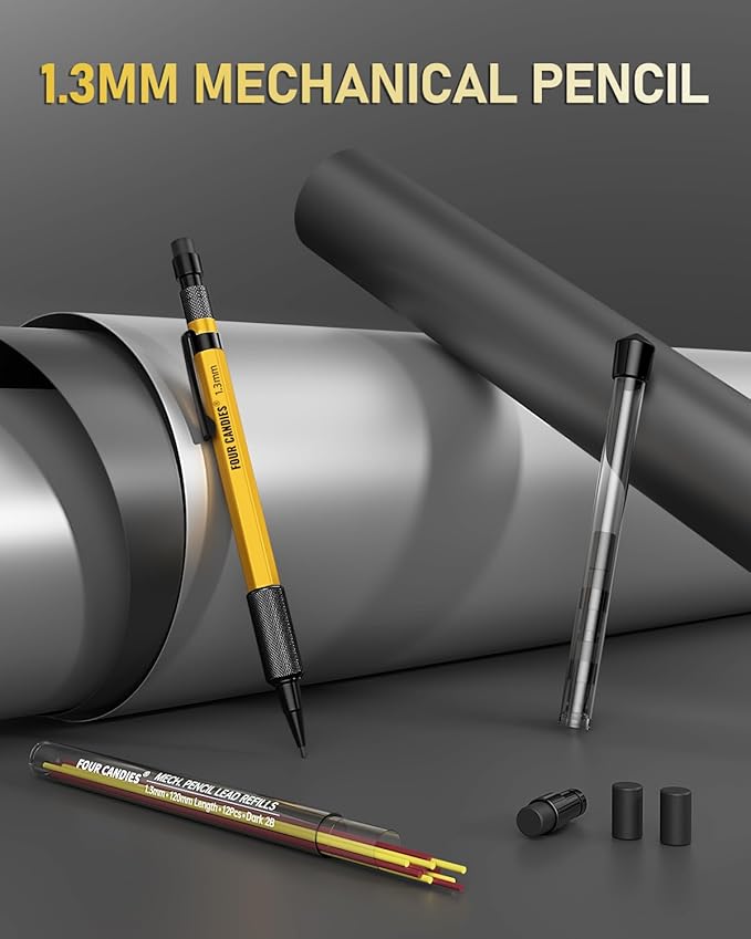 Four Candies 1.3mm Mechanical Pencil Set with 24 Lead Refills, Metal Weatherproof Heavy Duty Outdoor Carpenter Pencil, Eraser, 6 Eraser Refills for Architect Drafting Woodworking Marking with Case