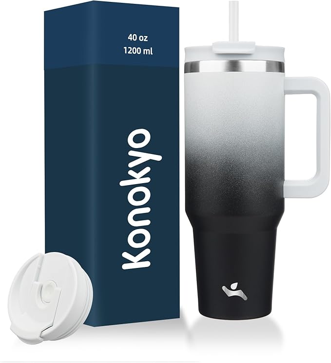 40 oz Tumbler with Handle and 2 Straws,2 in 1 Lid Insulated Water Bottle Stainless Steel Travel Coffee Mug,Day Night