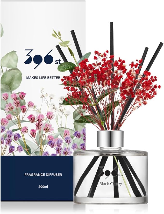 396 st. Preserved Baby's Breath Flower Reed Diffuser, Black Cherry, 200ml(6.7oz) / Reed Diffuser Sets, Home Fragrance, Scented Oils, Home & Bathroom Décor
