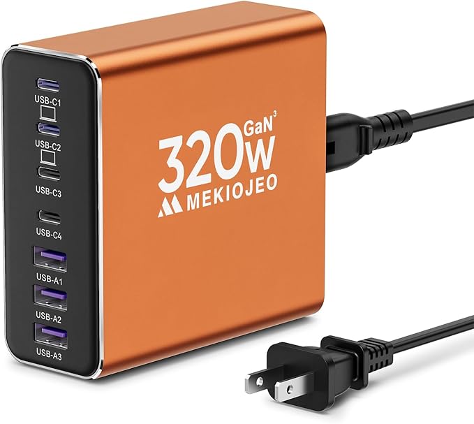 Aluminum Alloy USB C Charger GaN Charger Fast USB C Charging Station 7 Ports 65W Laptop for MacBook Pro/Air/iPad Pro/iPhone (Orange-4C3A)