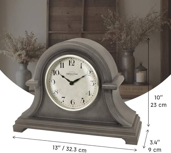 Presentime & Co. Mantel Clock Vintage Farmhouse Series, Napoleon Desk & Shelf Clock, 13 x 10 inch, Domed Lens, Quartz Movement, ABS Plastic Case, Gray Oak Finish (Home/Tabletop Decoration)
