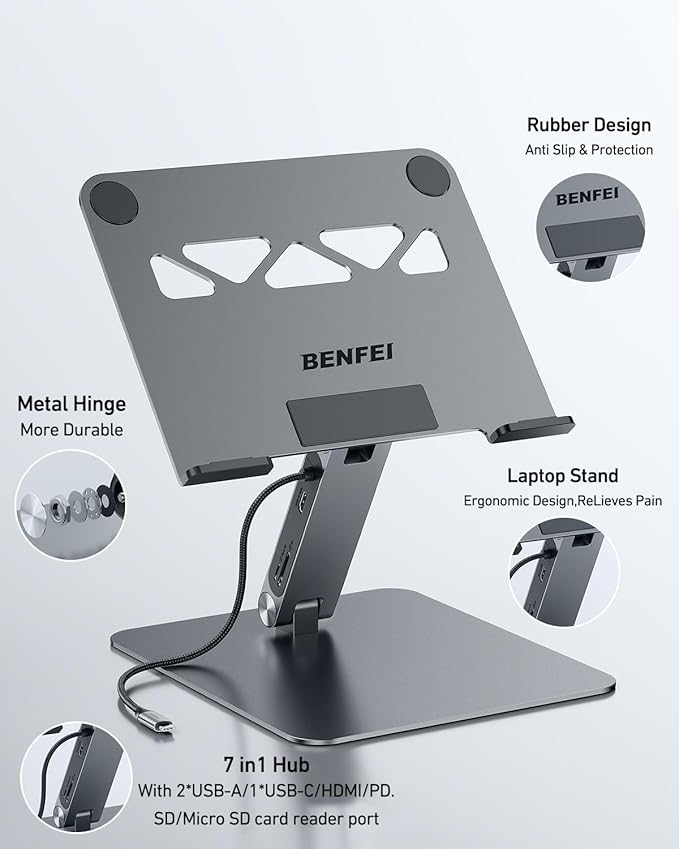 BENFEI Laptop Stand with USB C 7in1 Docking Station,HDMI 4K@60Hz,1*SD 1*Micro SD,100W Power Delivery,10Gbps 1*USB C 3.2 and 2*USB A 3.2 Compatible with MacBook Pro/Air, iPad Pro, XPS, Thinkpad