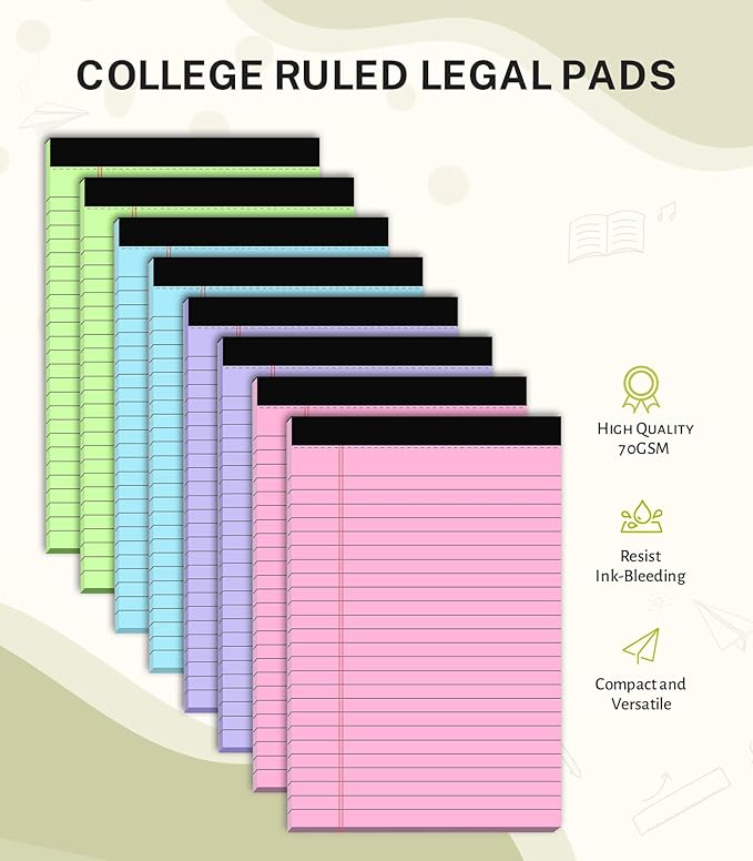 24 Pack Note Pads 5x8, Narrow Ruled Legal Pad, Multicolor Small Notepads, 30 Sheet/Notepad, Colored Lined Paper, Pink Legal Pad, Purple Notepad, Perforated Lined Note Pads for College, Office, Home