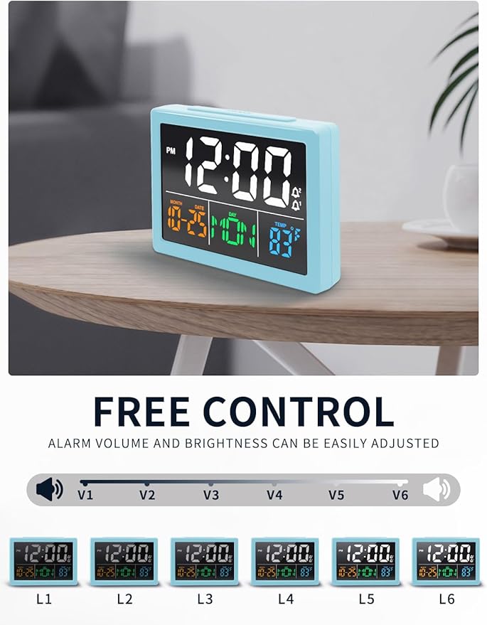 Digital Alarm Clock, with 5.5" Large LED Time Display, Adjustable Alarm Volume, 6 Level Brightness, Alarm Settings, USB Charger, Temperature Detect, Snooze, Clocks for Bedroom, Bedside, Desk, Blue