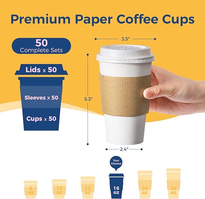 Fit Meal Prep 50 Pack 16 oz Disposable Coffee Cups with Lids, Sleeves, Leak-Proof To Go Coffee Cups with Lids, Durable Hot Paper Cups for Home, Office, Party, Business