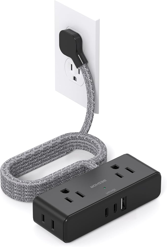 Flat Extension Cord 6 feet, BESHON Flat Plug Power Strip, 4 Widely Outlets with 3 USB Ports (2 USB C), Extension Cord with Multiple Outlets for Home, Office, Dorm Room Essentials, Black
