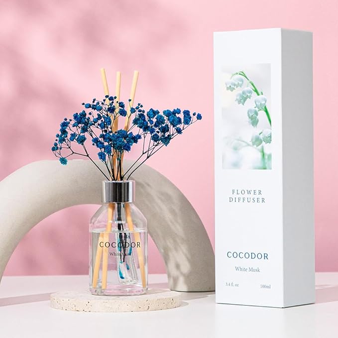 COCODOR Flower Reed Diffuser Set / 3.4oz / White Musk/Scent Diffuser with Sticks Home Fragrance Reed Diffuser for Bathroom Shelf Decor