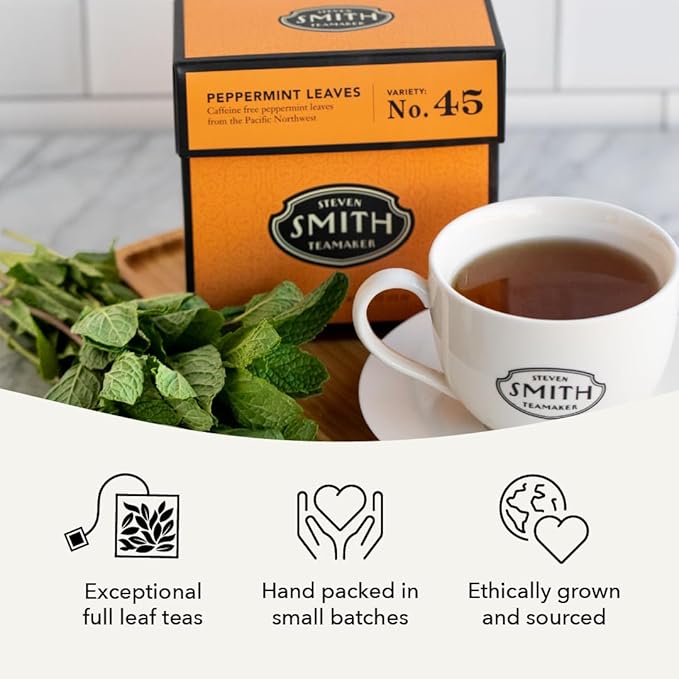 Steven Smith Teamaker Peppermint Leaves No. 45, Herbal Tea, Caffeine-Free, Sugar-Free, Sustainably Grown, Tea Bags, 15 Sachets, 0.78oz each