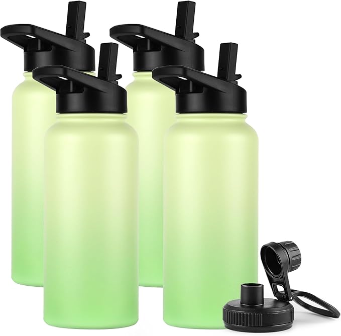 DOMICARE 32 oz Insulated Water Bottle Bulk, Vacuum Insulated Stainless Steel Sports Water Bottle with Straw Lid & Spout Lid, Leakproof, Reusable - Travel, Camping, Bike, Green Gradient (4 Pack)