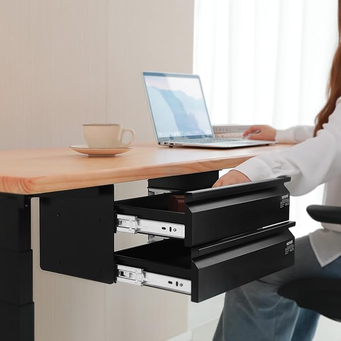 VEVOR Under Desk 2 Layer Slide Out Drawer, 16 inch Under Desk Pull-out Drawer for Home Office Sit Stand Workstation, Black