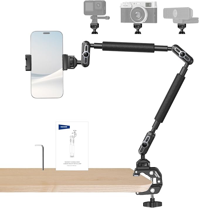 NEEWER 22" Magic Arm w Desk C Clamp, Overhead Camera Mount with Articulating Mic Boom Arm 1/4" 3/8" Threads for ARRI, Desktop Stand Holder for Phone Microphone Webcam Action Camera Video Light, UA057