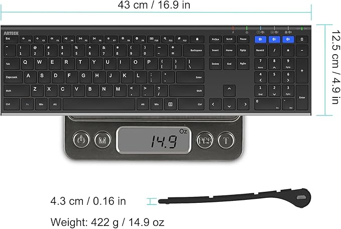 Arteck HB192 Universal Bluetooth Keyboard Multi-Device Stainless Steel Full Size Wireless Keyboard for Windows iOS Android Computer Desktop Laptop Surface Tablet Smartphone Rechargeable Battery
