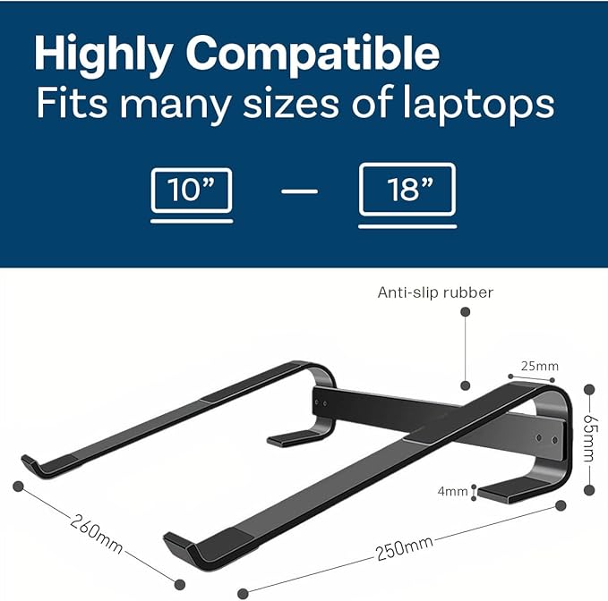 MMOBIEL Laptop Stand - Riser 10 to 18 inches - Ventilated Holder Universal - Laptop Stand for Desk Compatible with MacBook, Notebook, ASUS and More - Incl. Tools - Black Aluminum
