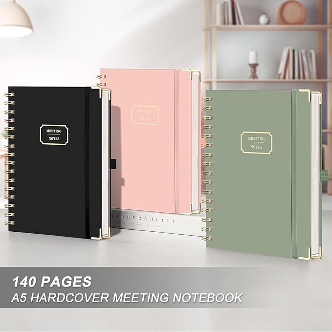 EMSHOI Meeting Notebook for Work - A5 Half Meeting Half Note Planner, 140 Pages, 100GSM Thick Paper, Hardcover, Project Organizer for Women Men Office, Business, Note Taking, 6"x8.3" - Pink