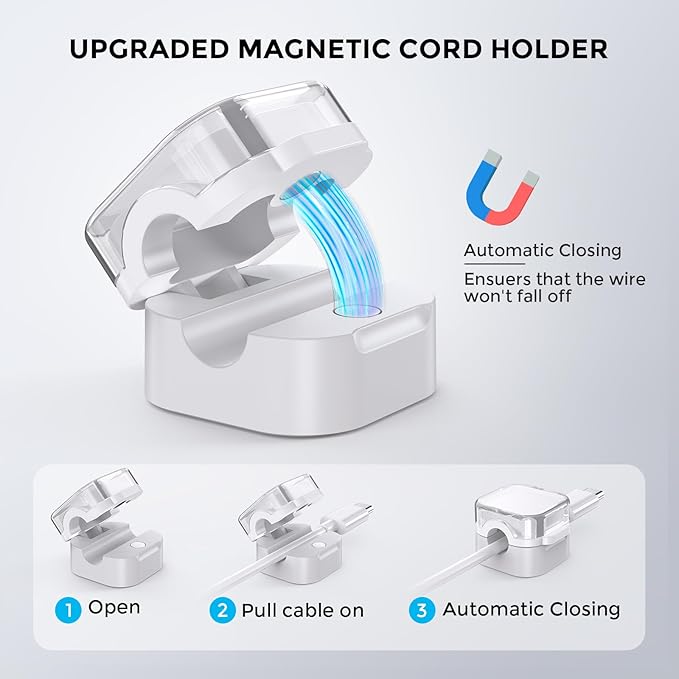 AhaStyle Magnetic Cable Organizer [1s Lock] 6 Pack Cord Holders Clips Strong Adhesive Cord Keeper [Smooth Adjustable] Hide Wire Cord Organizer for Nightstand Kitchen Car Office (White)