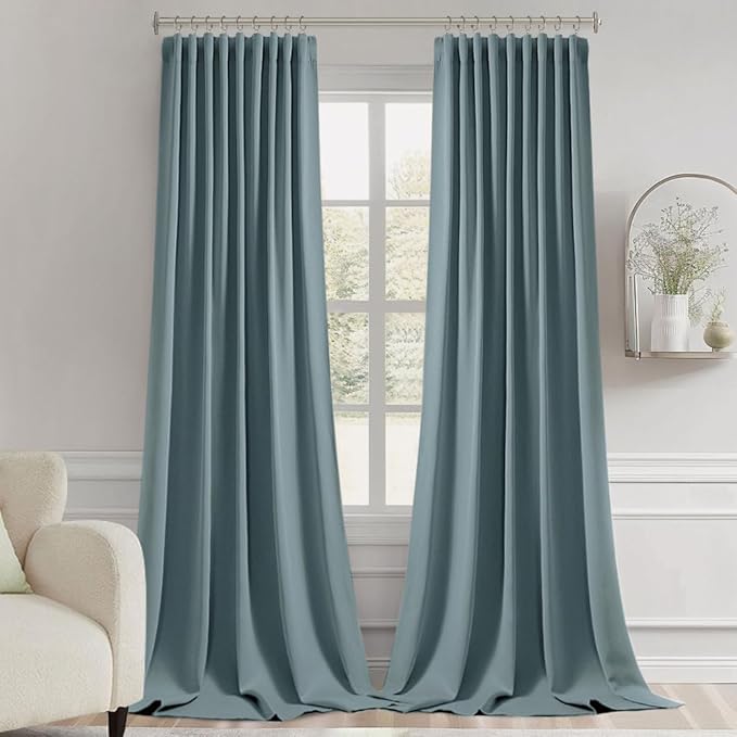 MIULEE Greyish Blue Back Tab Blackout Curtains 108 Inch Long 2 Panels Set