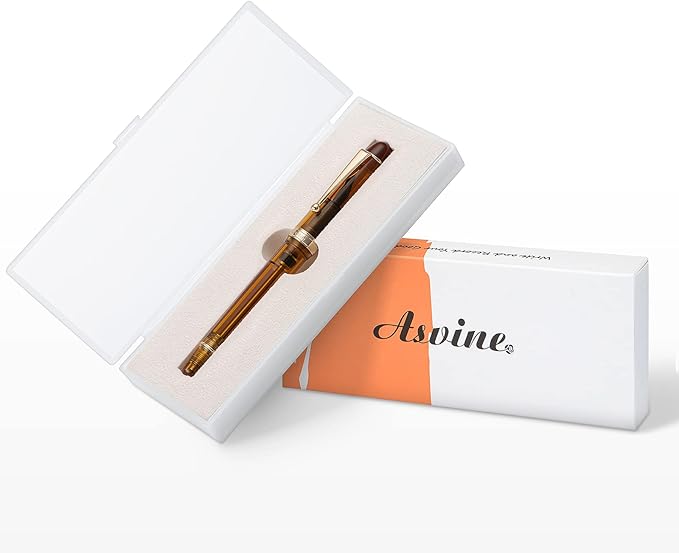 Asvine V126 Vacuum Filling System Fountain Pen Gold Plated Fine Point, Brown Pen Gift Case
