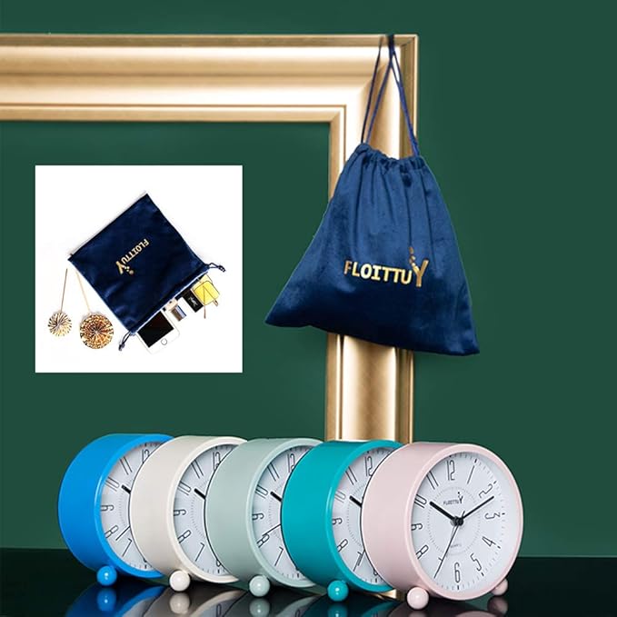 FLOITTUY Super Silent Metal Alarm Clock,Beep Wake Round Alarm Clock with Night Light,Battery Operated,Easy Set,Simple & Retro for Desk, Bedroom and Home Decoration(Lake Blue)