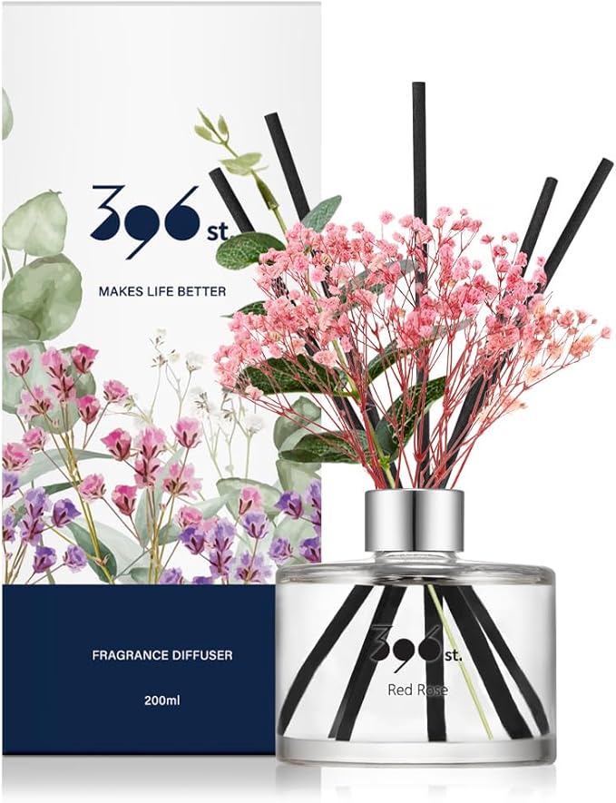 396 st. Preserved Baby's Breath Flower Reed Diffuser, Red Rose, 200ml(6.7oz) / Reed Diffuser Sets, Home Fragrance, Scented Oils, Home & Bathroom Décor