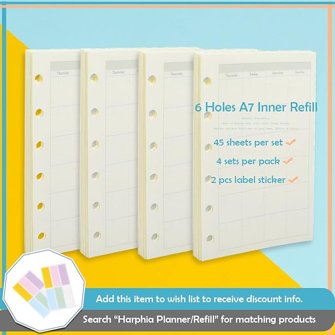 A7 Planner Refill,4 Packs per Set, Monthly Plan Paper, A7 Pocket Binder Refills Inserts 6 Ring with Label Stickers Gift,Mini Binder Refills,6 hole/100gsm Thick Paper/4.84 x 3.23'', Harphia