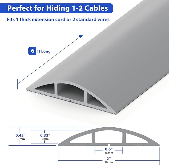 Floor Cord Cover 6ft, Cord Hider Floor Hide Extension Cords, Floor Cable Management Prevent Cable Trips, Floor Cable Cover Wire Covers for Cords, Cable Protector Cord Cavity W0.6in x H0.32in Gray
